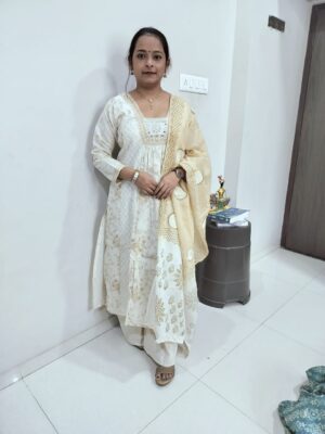 elegant white & golden printed kurta set with dupatta