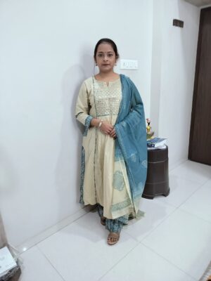 elegant beige & blue printed kurta set with dupatta