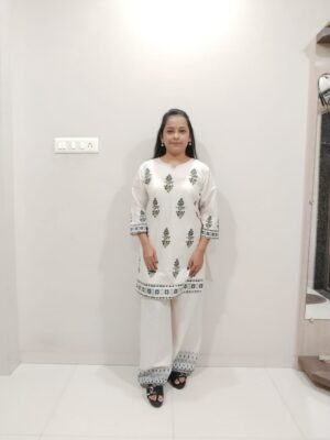 elegant white & golden printed kurta set with dupatta